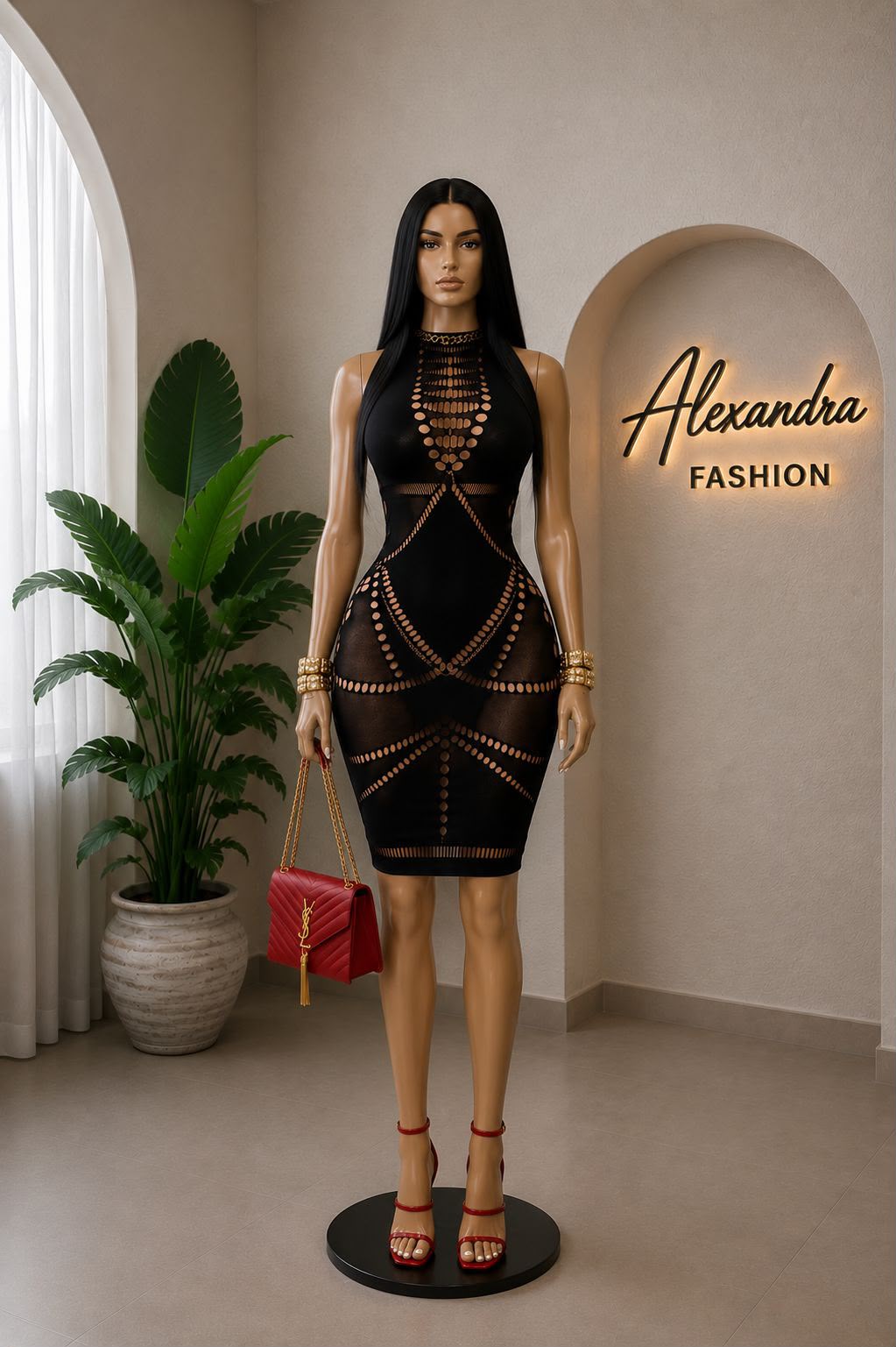 Vestido midi negro calado geométrico cuello alto sin mangas Talla S-M
