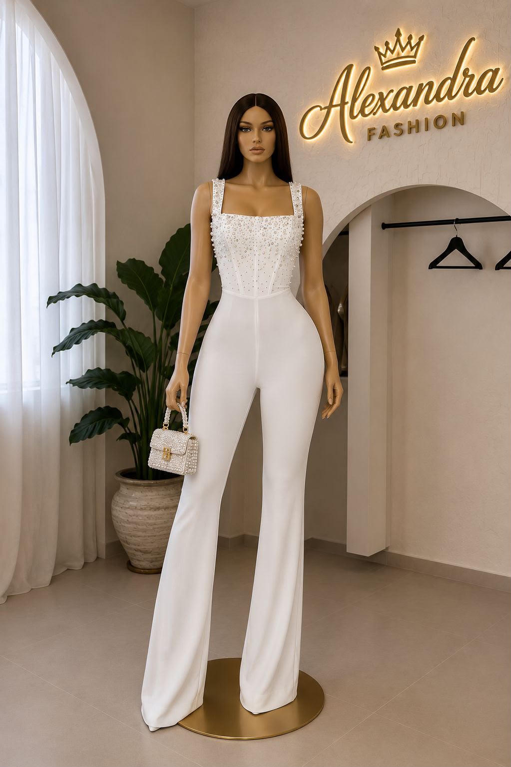Enterizo blanco accesorios plateados perlas Talla S-M-L