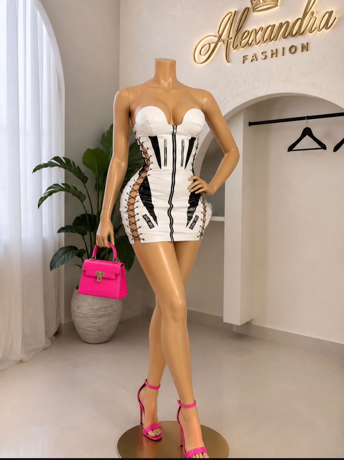 Vestido blanco mini leder cuero sintético cordones Talla S-M-L